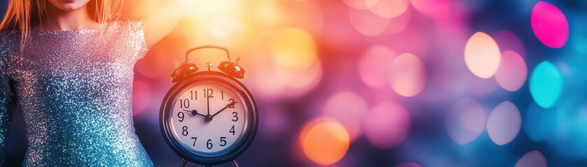 A woman presenting a vintage alarm clock in a cozy room evoking nostalgia and tranquility with warm lighting and soft furnishings creating comfort