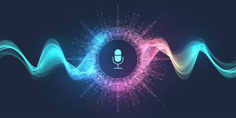 Voice assistant concept. Voice AI chat bot icon. Voice and sound recognition equalizer wave flow background. Personal assistant and voice recognition concept.