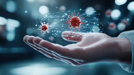 Hand presenting virtual virus particles in a digital environment, symbolizing health and technology integration.