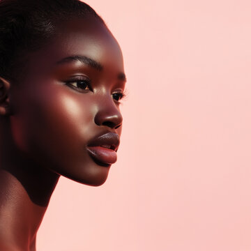 Portr&auml;t einer jungen schwarzen Frau mit gl&auml;nzender, makelloser Haut vor einem sanften rosa Hintergrund. Das minimalistische Beauty-Portr&auml;t betont ihre nat&uuml;rliche Sch&ouml;nheit