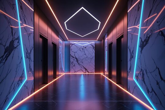 3D Neon Glowing Corridor with Marble Walls and Pentagon Design
