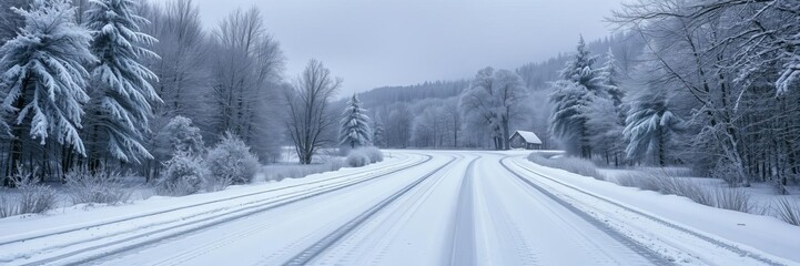 Fototapeta premium Snow-covered winter landscape panorama featuring a winding road leading through a dense forest, scenic, chilly, picturesque
