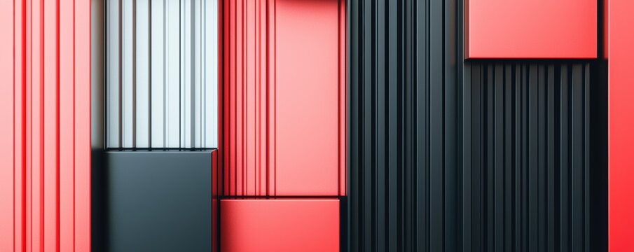 Minimalist vertical metal slats in red, black, and silver, high-tech glossy reflections, stylish futuristic panel arrangement