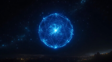 Obraz premium Glowing Abstract Sphere of Light Amidst a Starry Sky Over a City at Night
