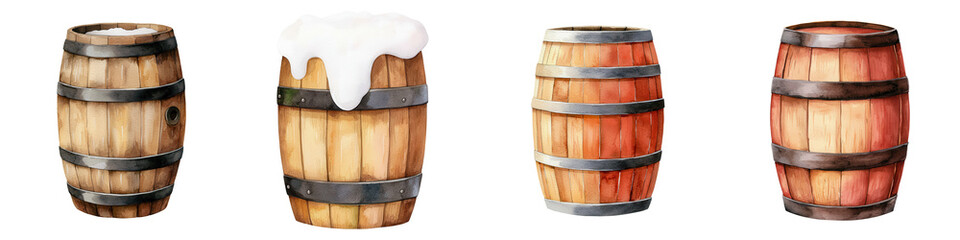 Obraz premium Wooden barrels with beer rustic design various styles watercolor art, isolated on transparent background.