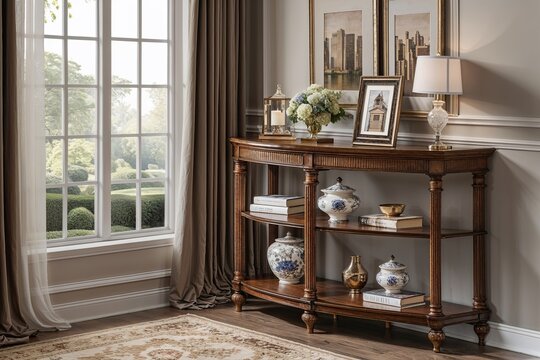 Sophisticated Wood Corner Table Displays with Elegant Home Decor Background