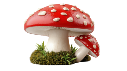 Vibrant red toadstool mushrooms with white spots nestled in lush green moss.