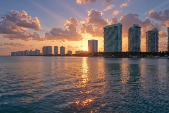 Miami Bay Sunrise Colors and Light Reflections on Calm Waters