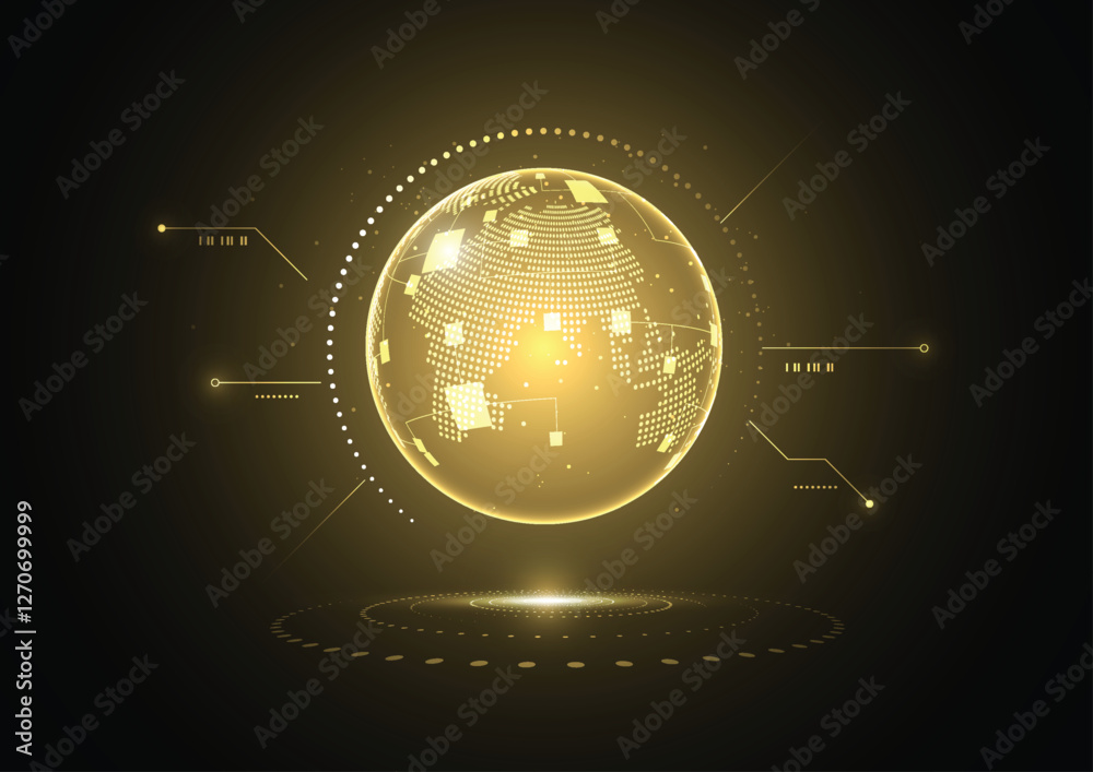 Poster abstract global network connection on gold background. world map point and line composition concept 