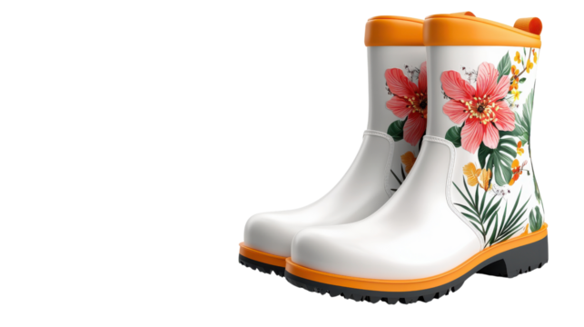 White gumboots with colorful floral prints on white background.