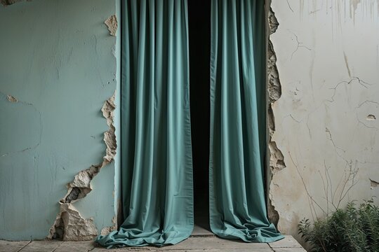 Muted Teal Fabric Curtain and Off White Wall Create Aesthetic Entrance with Emotional Impact