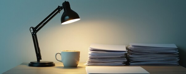 Desk with a lamp, coffee cup, and stacked papers in a calm setting. Stress, anxiety and overwhelmed for deadline frustrated tired concept.