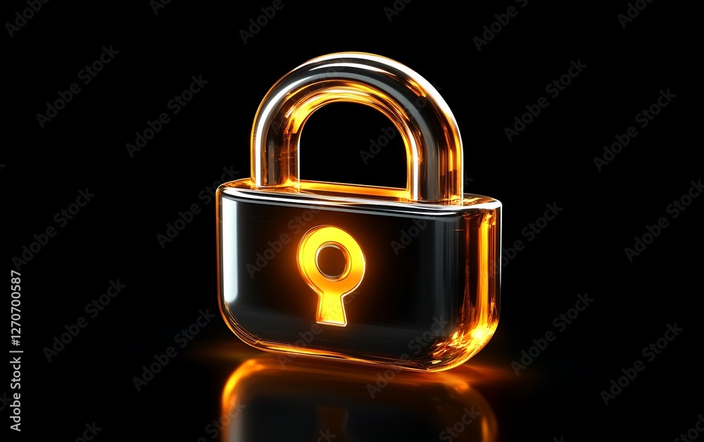 Poster 3D Rendered Illuminated Padlock on Black Background.  Possible Use Security Illustration