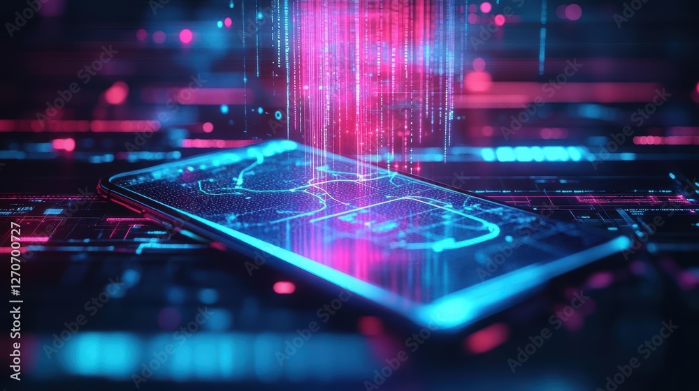 Poster close up of a modern smartphone displaying an interactive digital interface with vibrant colors and 