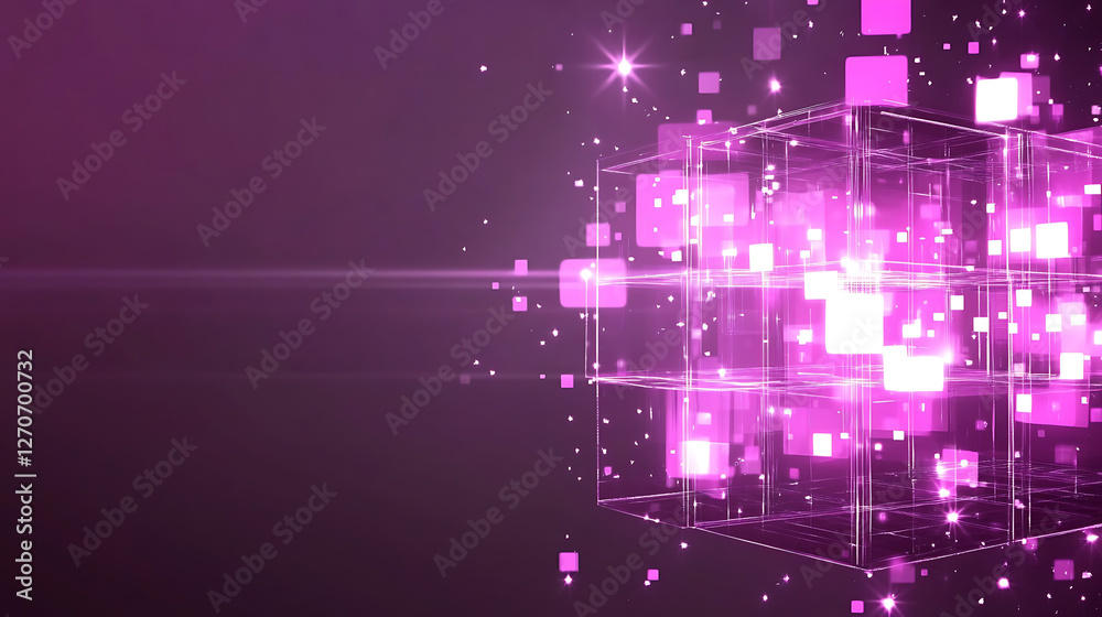 Poster glowing cubes forming abstract digital structure visualizing data connectivity and transmission