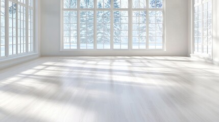 Fototapeta premium Empty white room with large windows showing a snowy winter forest during daytime.