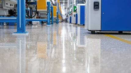 Shiny factory floor, industrial machines, bright light.  Possible use Industrial flooring, manufacturing,  modern design