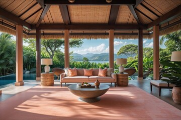Fototapeta premium Luxury Interior Oasis Featuring Peach Carpets and Lush Natural Surroundings