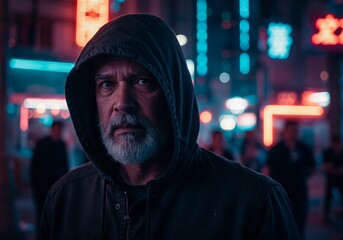 Obraz premium Mature man in hoodie with neon urban lights at night