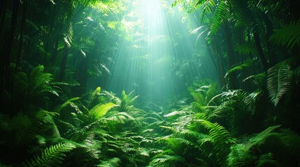 Fototapeta premium Lush tropical forest, sunlight beams, dense foliage, nature, undisturbed