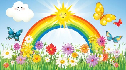 Fototapeta premium Rainbow, Sunshine, and Butterflies in a Flower Field