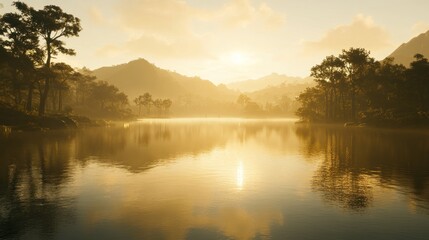 Fototapeta premium Golden Hour Serenity: A Misty Lake at Sunrise