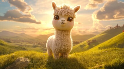 Fototapeta premium Adorable Alpaca at Sunset in a Rolling Hills Landscape