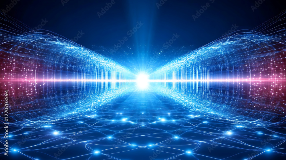 Poster glowing light streams abstract technology and data transfer network background visualization