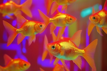 Fototapeta premium Colorful goldfish in vibrant aquarium with neon background