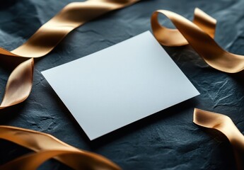 Fototapeta premium Blank Greeting Card Surrounded by Elegant Golden Ribbons on Dark Textured Background Ideal for Customizable Invitations and Personal Messages
