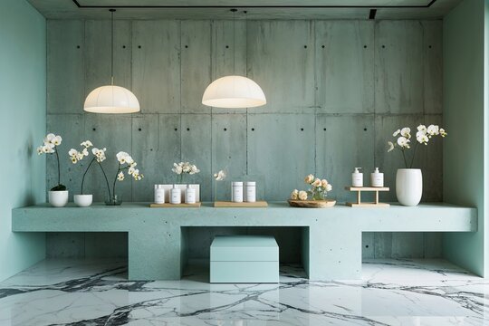Serene Seafoam Studio Featuring Unique Concrete Walls and Polished Marble Flooring for Peaceful Product Displays
