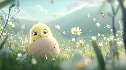 Adorable Chick in a Flower Meadow: A Springtime Delight