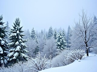 Obraz premium Snowflakes gently falling from the sky onto a serene forest landscape, creating a magical winter wonderland scene, environment, snowfall, landscape