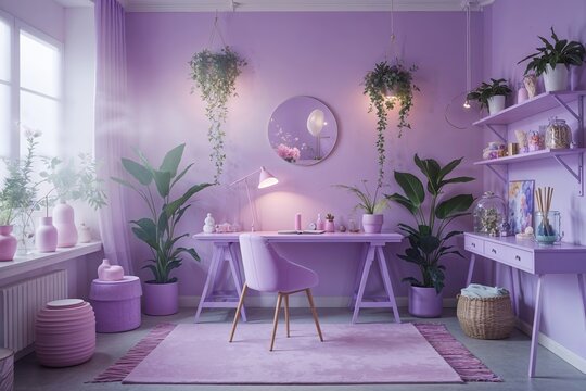 Stylish Pastel Lilac Creative Workspace with Botanical Elements and Dreamy Atmosphere