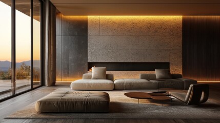 Modern Minimalist Living Room with Sunset View