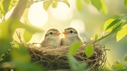 Obraz premium Two Baby Birds in Nest, Sunlight, Springtime