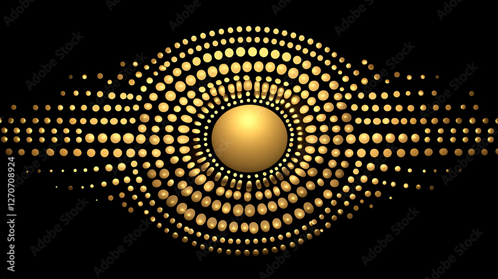 Poster golden center with concentric circles of dots in a wave pattern on a black background design