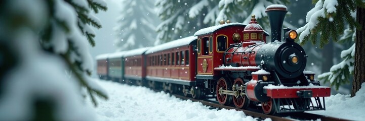 Fototapeta premium Snowflakes gently falling on a wooden locomotive hung among spruce branches, winter wonderland, holiday