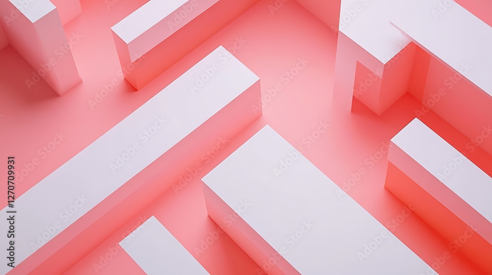 Aufkleber Abstract 3D geometric shapes, pink and white, maze-like.  Possible use background for design projects