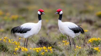 Obraz premium Two red-crowned cranes facing each other in a grassy field of yellow flowers. Possible use Nature photography, wildlife conservation