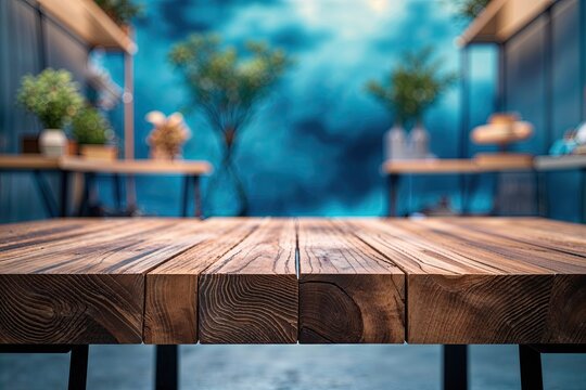 Unique Wooden Table Surface with Dreamy Blue Background for Eye-Catching Pop-Up Shops and Exhibition Displays