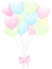 pastel heart shaped balloons with a bow on a transparent background