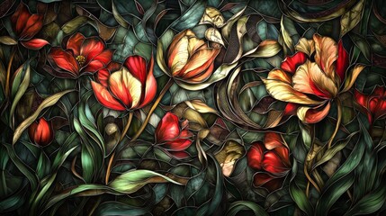 Colorful floral design featuring intricate texture and vibrant colors of tulips and leaves on a dark background
