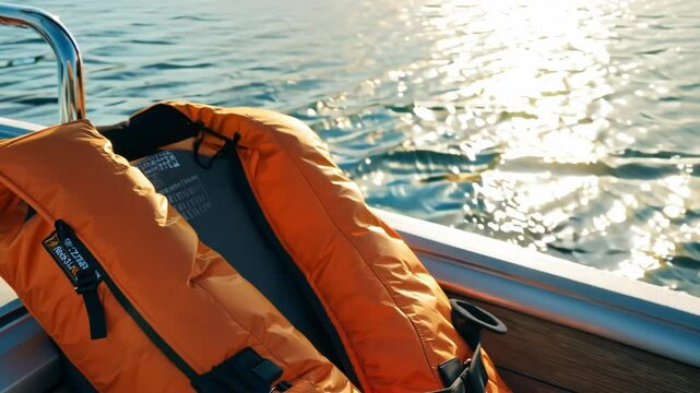 A bright orange lifejacket is tied to the side of a boat, with the calm blue water and the horizon in the background, creating a feeling of safety and outdoor adventure.