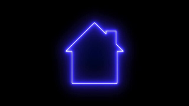 Home button icon animation by neon on black background. Neon home button icon animation, shiny symbol. glowing House, home building animation