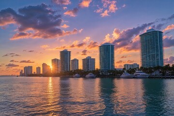 Fototapeta premium Experience Tranquility at Miami Bay with Breathtaking Sunrise Colors