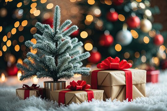 Heartwarming Christmas Gift Beside Glittering Tree in Colorful Bokeh Promoting Holiday Cheer and Emotional Wellness