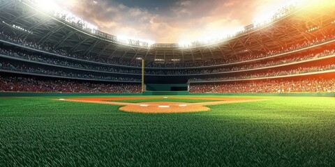Vast Baseball Field Under Dramatic Sky at Sunset in a Stadium