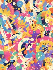 Colorful abstract art; music, shapes, design; vibrant background; website graphic