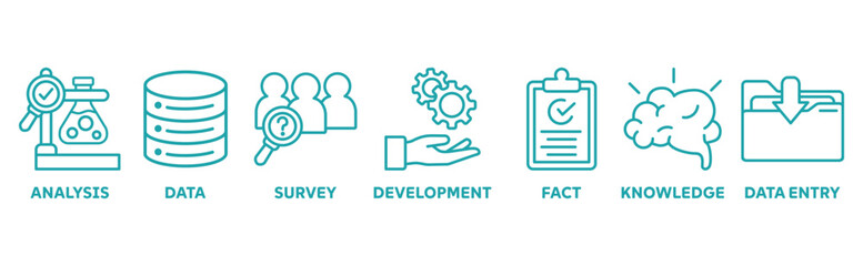 Research icon set illustration concept with icon of analysis, data, survey, development, fact, knowledge, data entry 